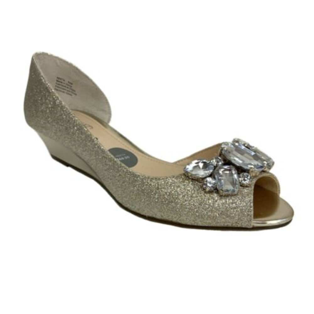 Touch of Nina Reeta D'orsay Peep-toe Jewel Wedge Gold-tone Glitter 6.5